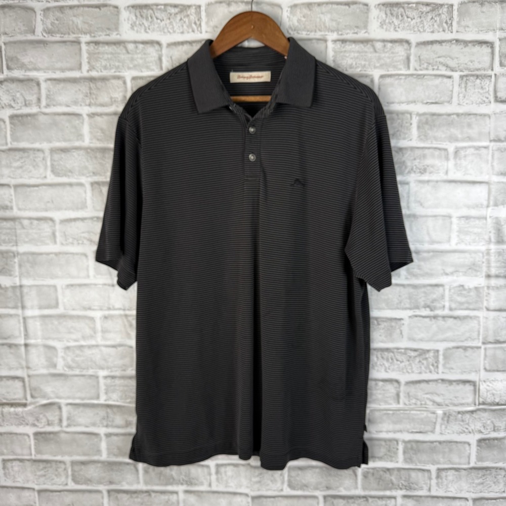 Tommy Bahama Mens Large Gray Black Striped Short Sleeve Polo Shirt Marlin Logo